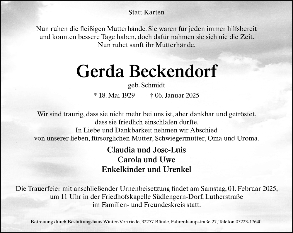  Traueranzeige für Gerda Beckendorf vom 11.01.2025 aus Neue Westfälische