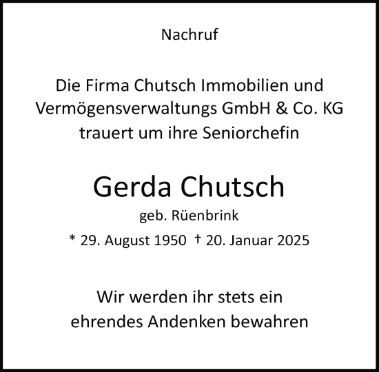 Traueranzeige von Gerda Chutsch von Neue Westfälische und Westfalen-Blatt