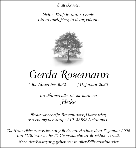 Traueranzeige von Gerda Rosemann von Neue Westfälische