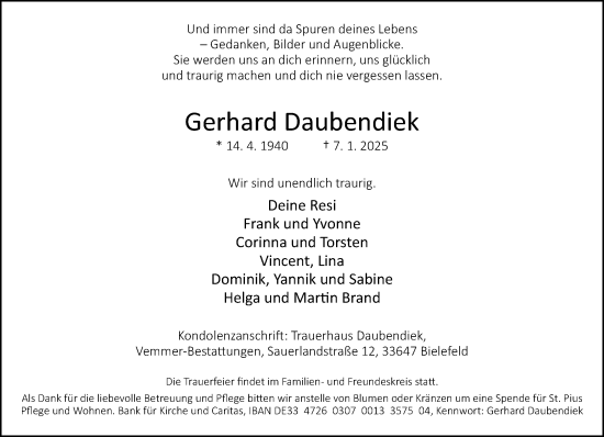 Traueranzeige von Gerhard Daubendiek von Neue Westfälische und Westfalen-Blatt