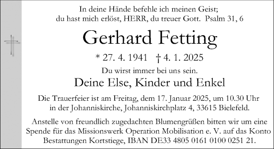 Traueranzeige von Gerhard Fetting von Neue Westfälische