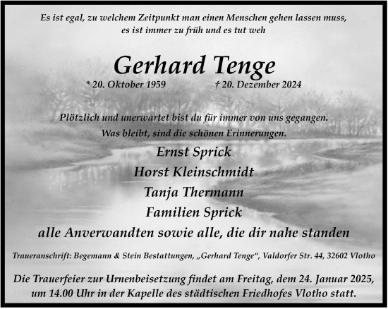 Traueranzeige von Gerhard Tenge von Neue Westfälische und Westfalen-Blatt