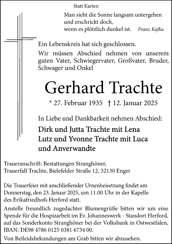Traueranzeige von Gerhard Trachte von Neue Westfälische und Westfalen-Blatt