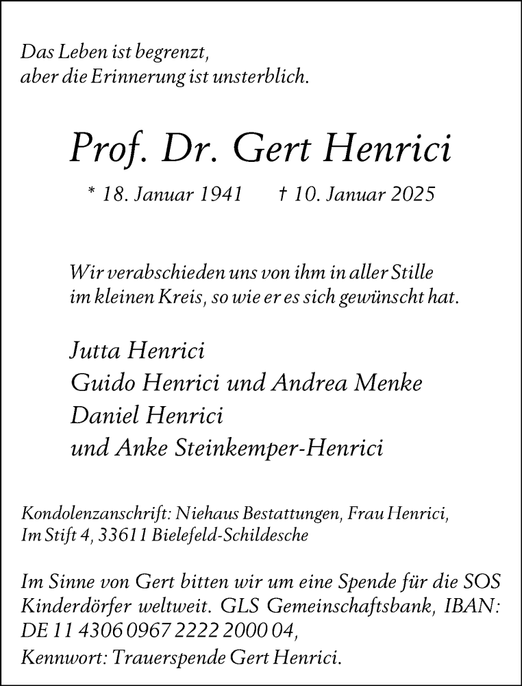  Traueranzeige für Gert Henrici vom 18.01.2025 aus Neue Westfälische und Westfalen-Blatt