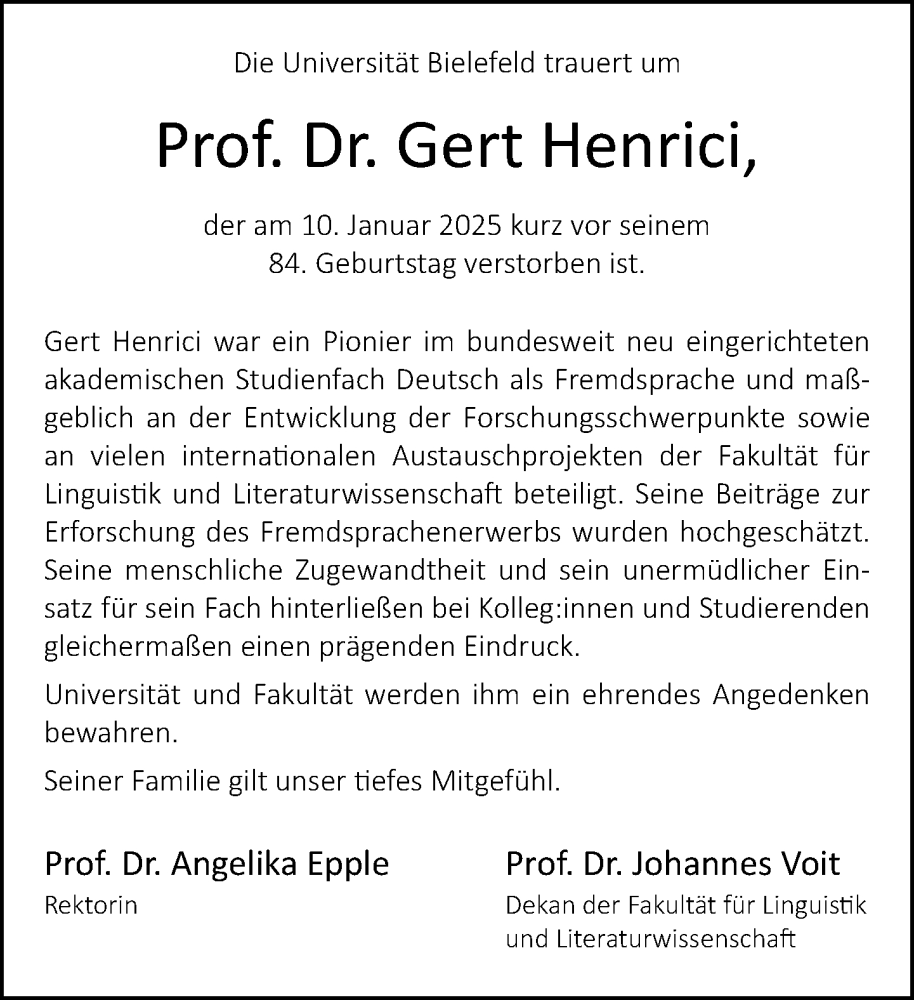  Traueranzeige für Gert Henrici vom 25.01.2025 aus Neue Westfälische und Westfalen-Blatt