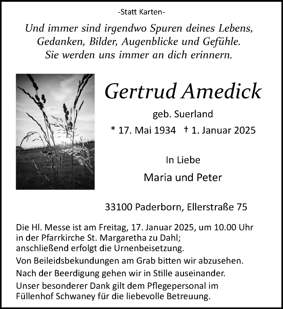  Traueranzeige für Gertrud Amedick vom 11.01.2025 aus Neue Westfälische