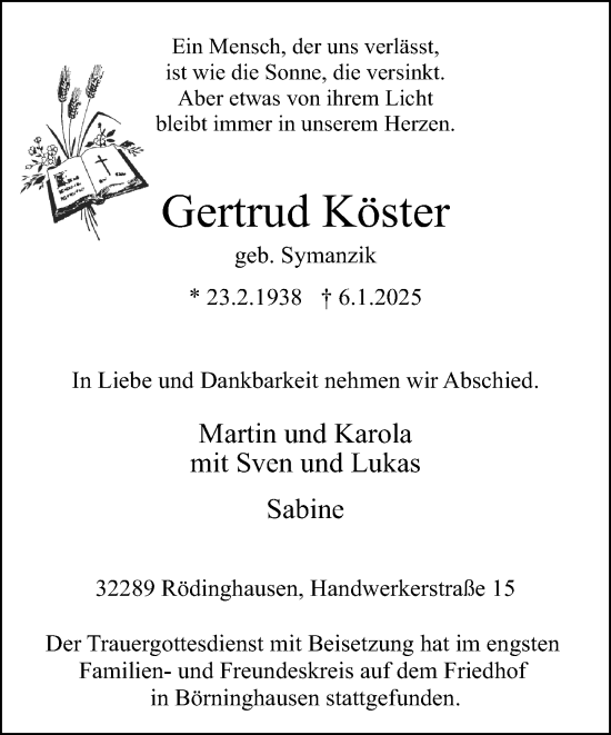 Traueranzeige von Gertrud Köster von Neue Westfälische