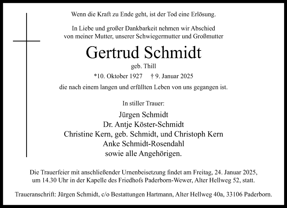  Traueranzeige für Gertrud Schmidt vom 18.01.2025 aus Neue Westfälische und Westfalen-Blatt