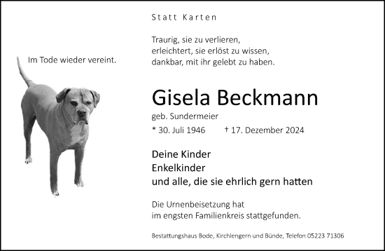 Traueranzeige von Gisela Beckmann von Neue Westfälische