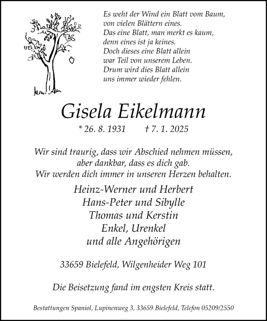 Traueranzeige von Gisela Eikelmann von Neue Westfälische und Westfalen-Blatt
