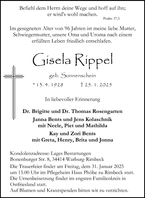 Traueranzeige von Gisela Rippel von Neue Westfälische und Westfalen-Blatt