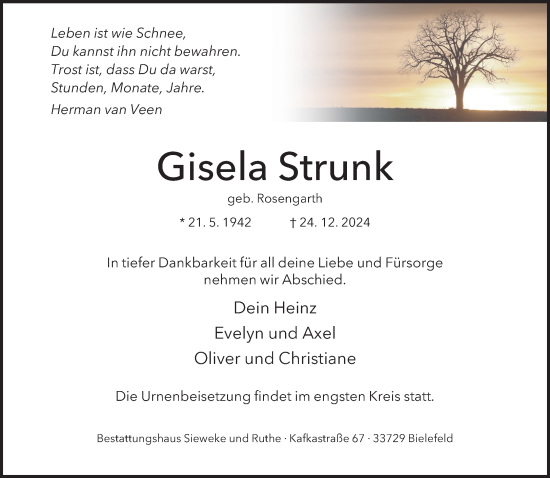 Traueranzeige von Gisela Strunk von Neue Westfälische