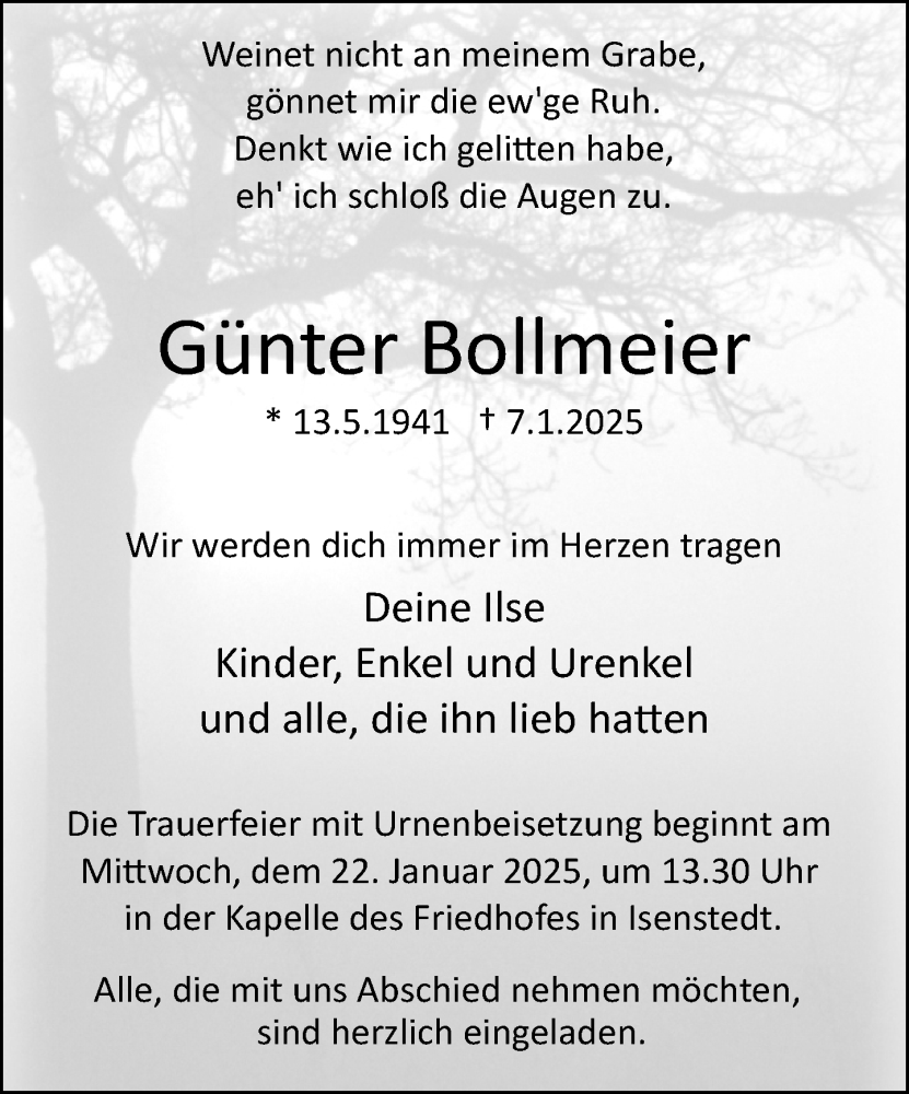  Traueranzeige für Günter Bollmeier vom 14.01.2025 aus Neue Westfälische