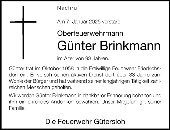 Traueranzeige von Günter Brinkmann von Neue Westfälische