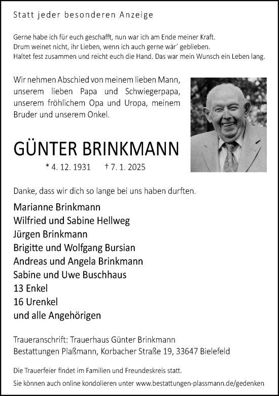 Traueranzeige von Günter Brinkmann von Neue Westfälische