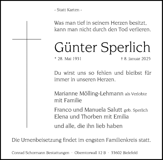 Traueranzeige von Günter Sperlich von Neue Westfälische und Westfalen-Blatt
