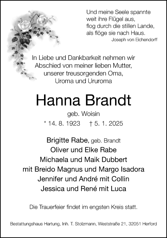 Traueranzeige von Hanna Brandt von Neue Westfälische