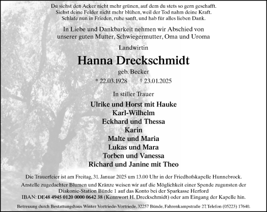 Traueranzeige von Hanna Dreckschmidt von Neue Westfälische und Westfalen-Blatt