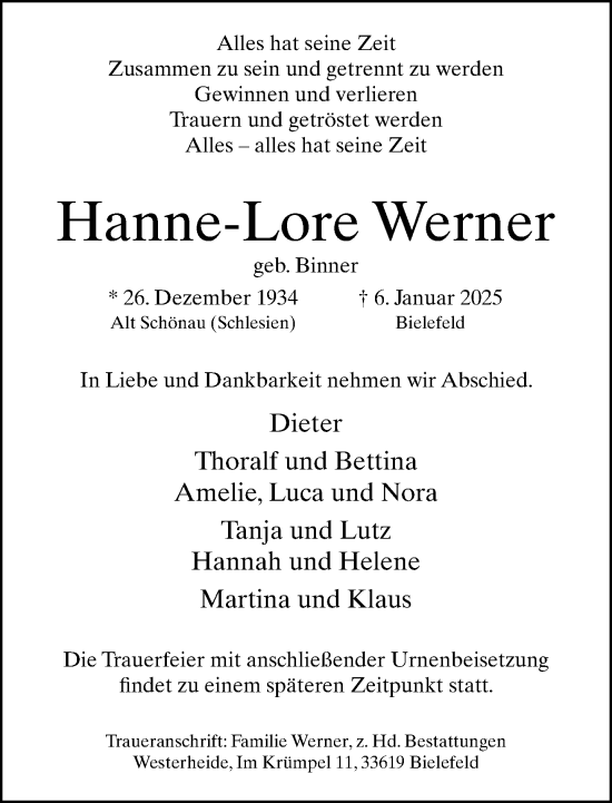 Traueranzeige von Hanne-Lore Werner von Neue Westfälische