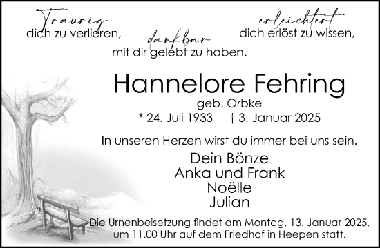 Traueranzeige von Hannelore Fehring von Neue Westfälische