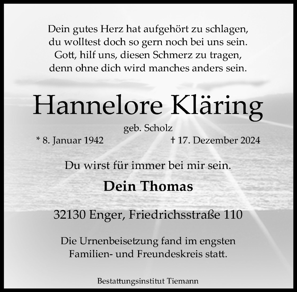  Traueranzeige für Hannelore Kläring vom 11.01.2025 aus Neue Westfälische