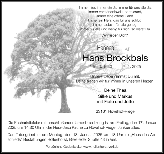 Traueranzeige von Hans Brockbals von Neue Westfälische