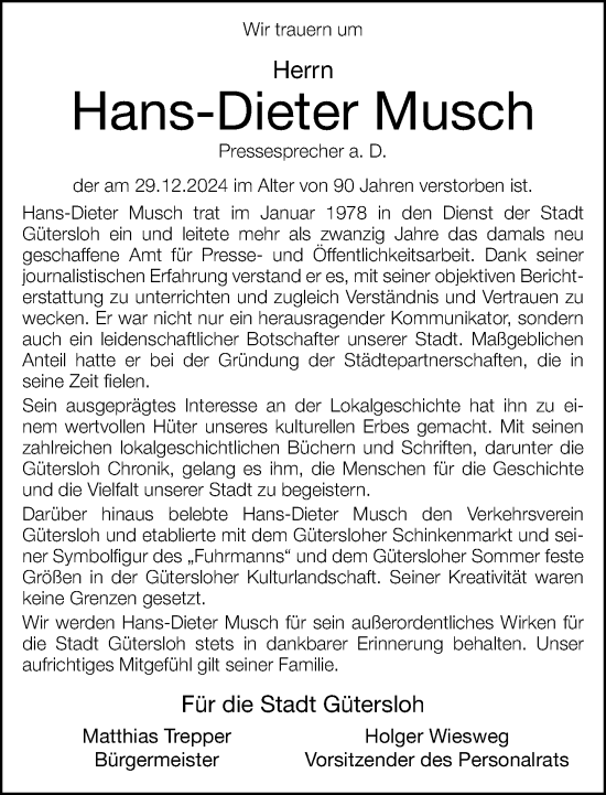 Traueranzeige von Hans-Dieter Musch von Neue Westfälische