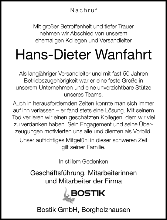 Traueranzeige von Hans-Dieter Wanfahrt von Neue Westfälische und Westfalen-Blatt