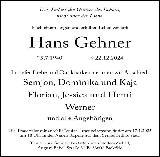 Traueranzeige von Hans Gehner von Neue Westfälische