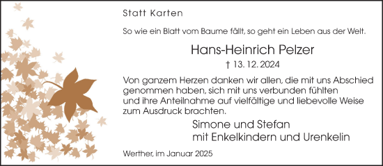 Traueranzeige von Hans-Heinrich Pelzer von Neue Westfälische und Westfalen-Blatt