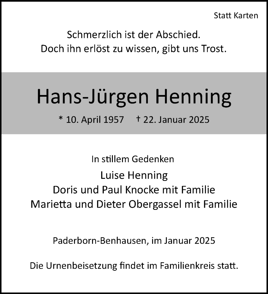  Traueranzeige für Hans-Jürgen Henning vom 25.01.2025 aus Neue Westfälische und Westfalen-Blatt