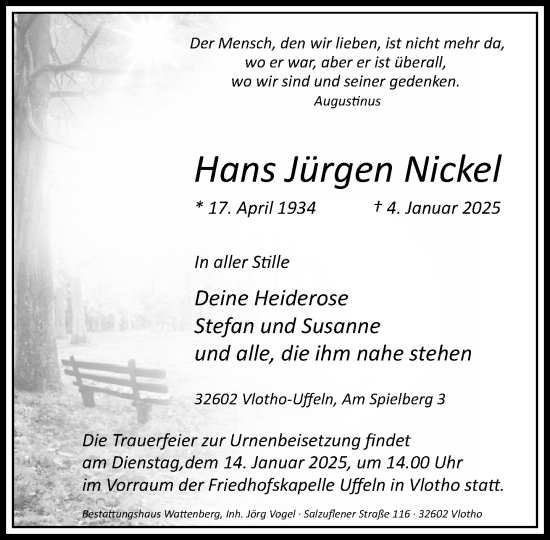 Traueranzeige von Hans Jürgen Nickel von Neue Westfälische