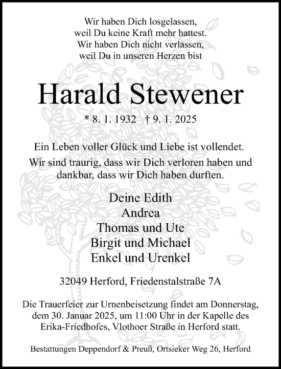 Traueranzeige von Harald Stewener von Neue Westfälische und Westfalen-Blatt