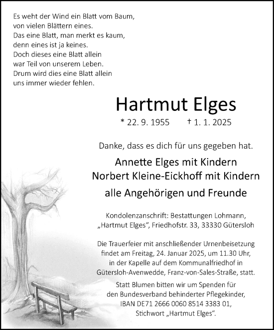 Traueranzeige von Hartmut Elges von Neue Westfälische und Westfalen-Blatt