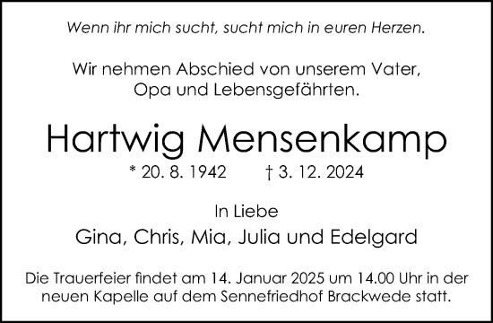 Traueranzeige von Hartwig Mensenkamp von Neue Westfälische