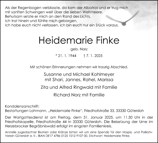 Traueranzeige von Heidemarie Finke von Neue Westfälische