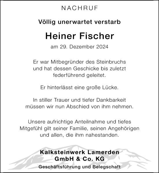 Traueranzeige von Heiner Fischer von Neue Westfälische