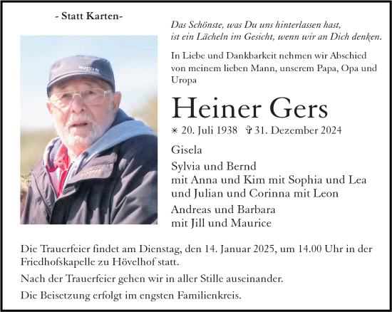 Traueranzeige von Heiner Gers von Neue Westfälische