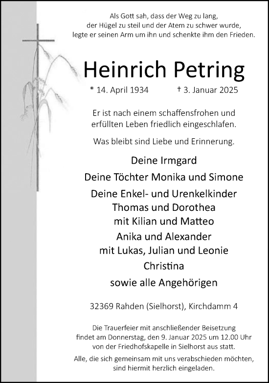 Traueranzeige von Heinrich Petring von Neue Westfälische