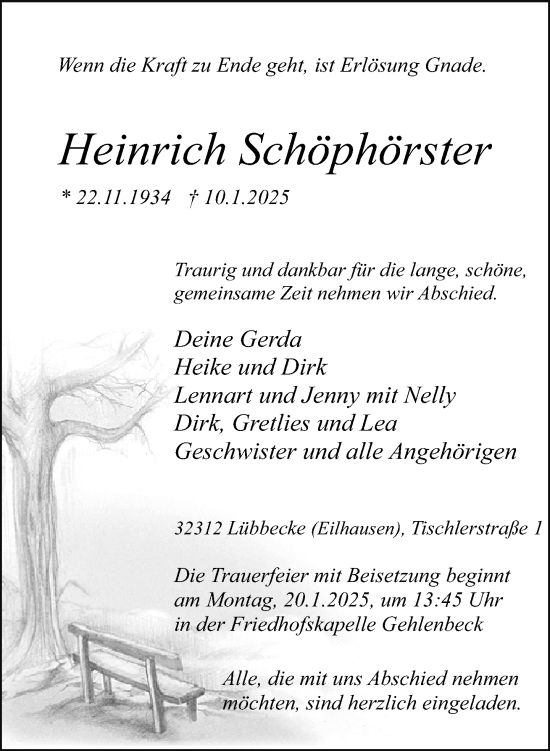 Traueranzeige von Heinrich Schöphörster von Neue Westfälische