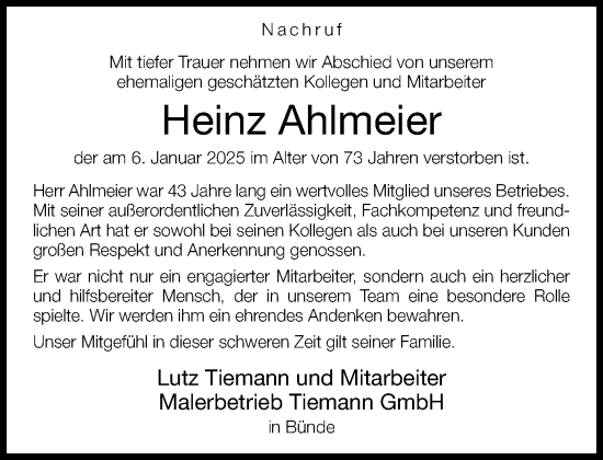 Traueranzeige von Heinz Ahlmeier von Neue Westfälische und Westfalen-Blatt