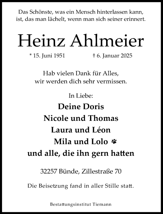 Traueranzeige von Heinz Ahlmeier von Neue Westfälische und Westfalen-Blatt