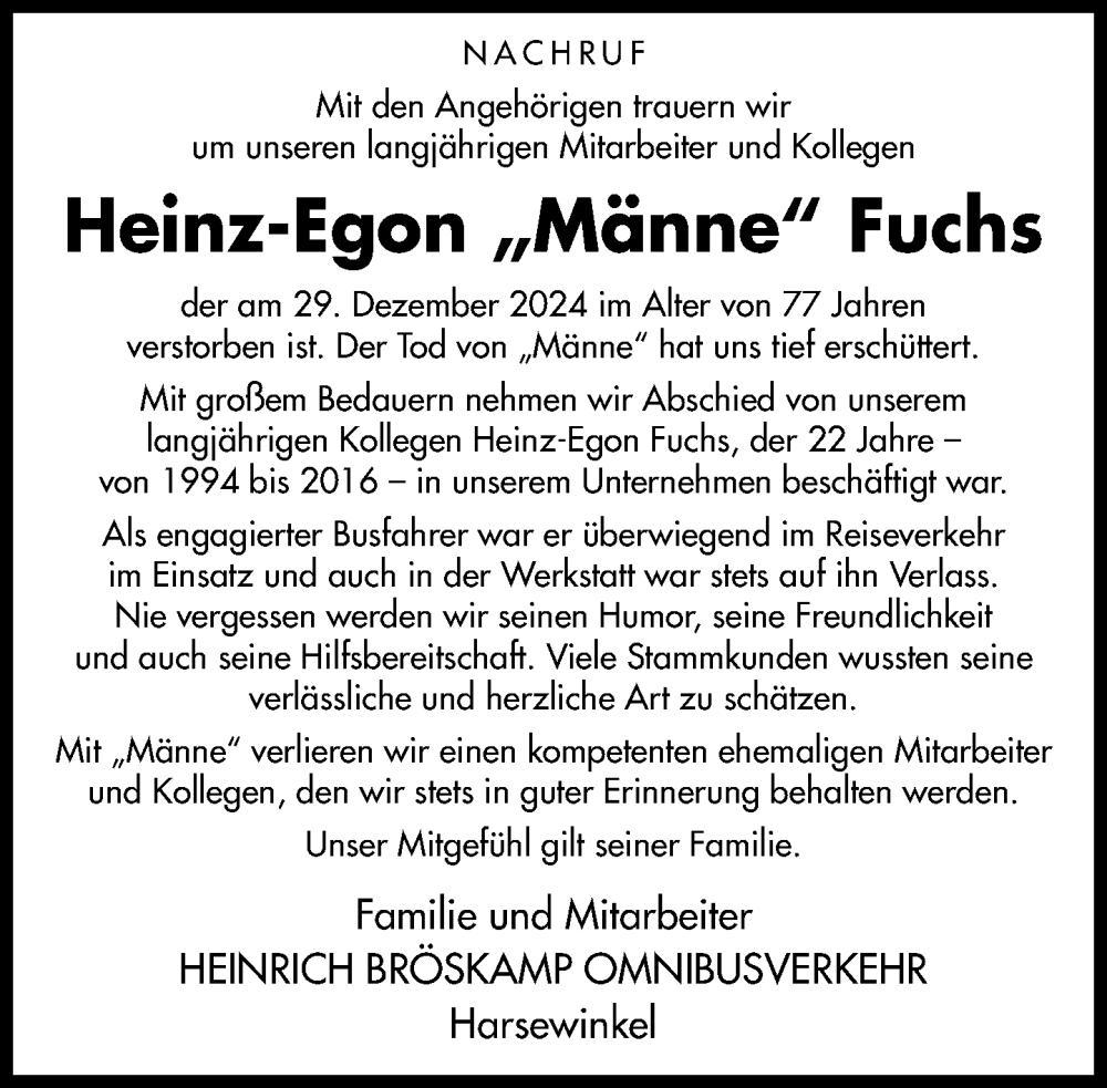  Traueranzeige für Heinz-Egon Fuchs vom 07.01.2025 aus Neue Westfälische