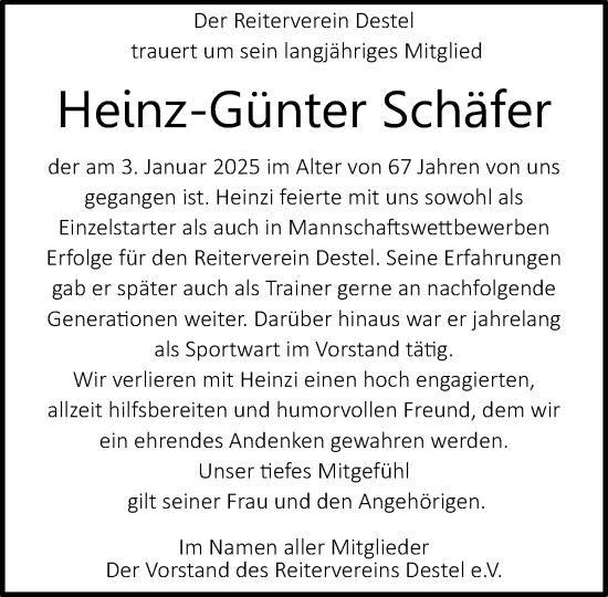 Traueranzeige von Heinz-Günter Schäfer von Neue Westfälische