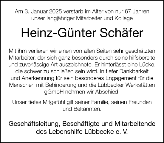 Traueranzeige von Heinz-Günter Schäfer von Neue Westfälische