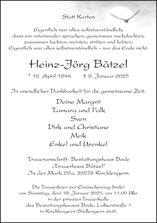 Traueranzeige von Heinz-Jörg Bätzel von Neue Westfälische