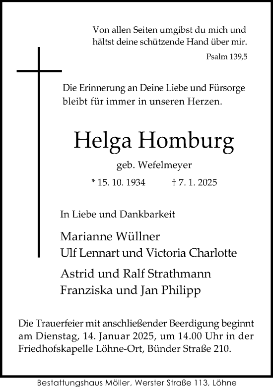 Traueranzeige von Helga Homburg von Neue Westfälische