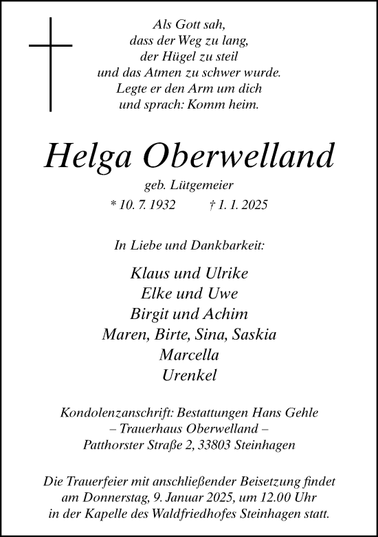 Traueranzeige von Helga Oberwelland von Neue Westfälische