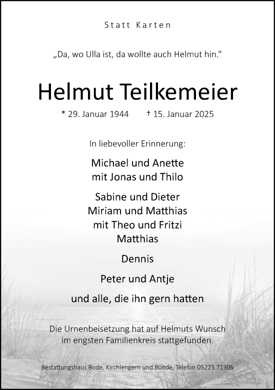 Traueranzeige von Helmut Teilkemeier von Neue Westfälische und Westfalen-Blatt