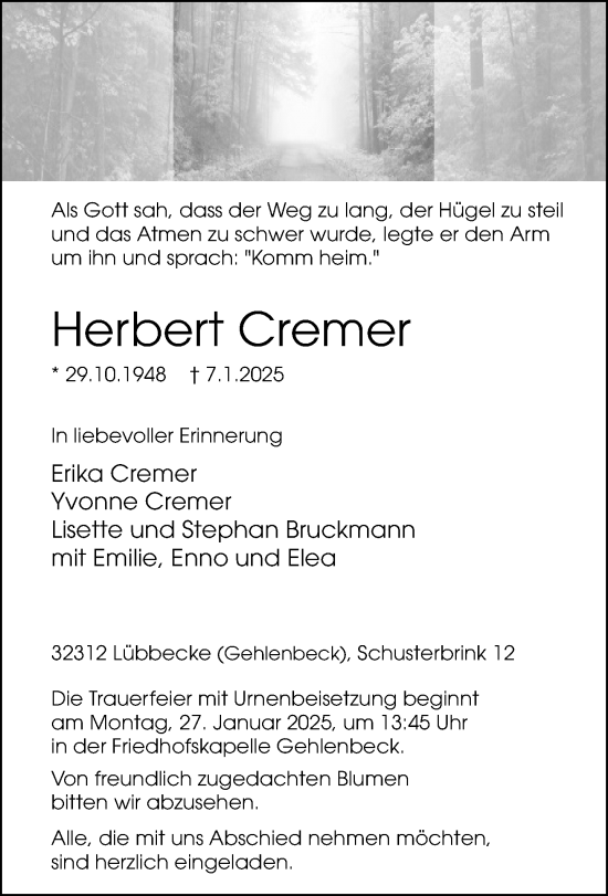 Traueranzeige von Herbert Cremer von Neue Westfälische